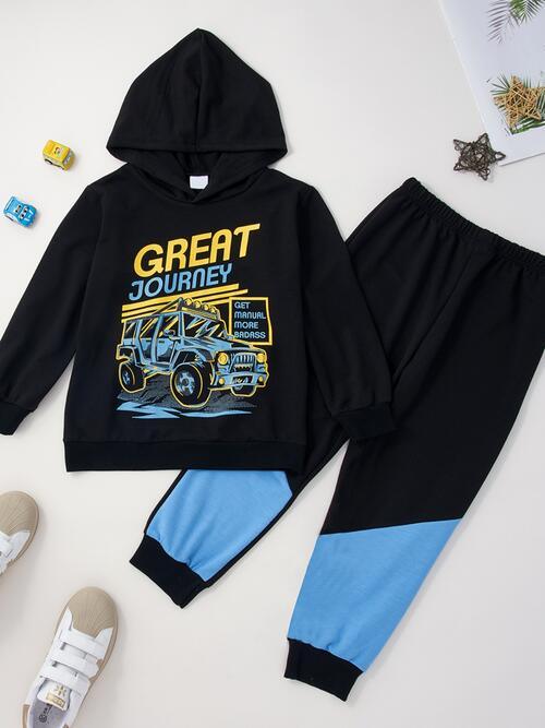 Graphic Hooded Top and Contrast Pants Set - Browngold Fashion