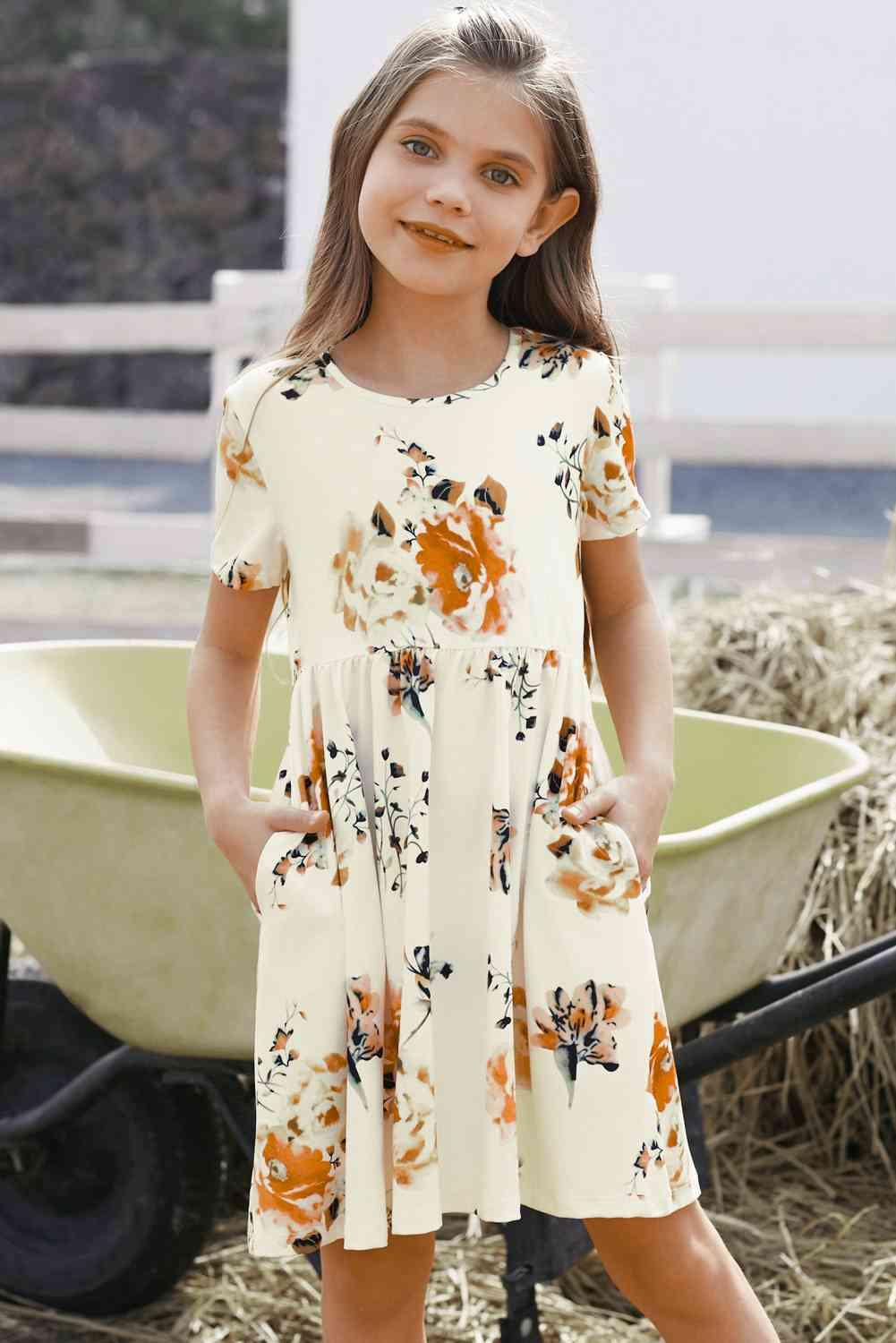 Girls Floral Short Sleeve Round Neck Dress - Browngold Fashion