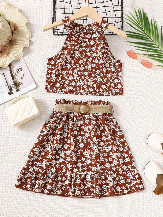 Floral Tank and Ruffle Hem Skirt Set - Browngold Fashion