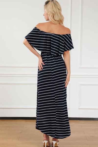 Striped Off-Shoulder Slit Dress - Browngold Fashion