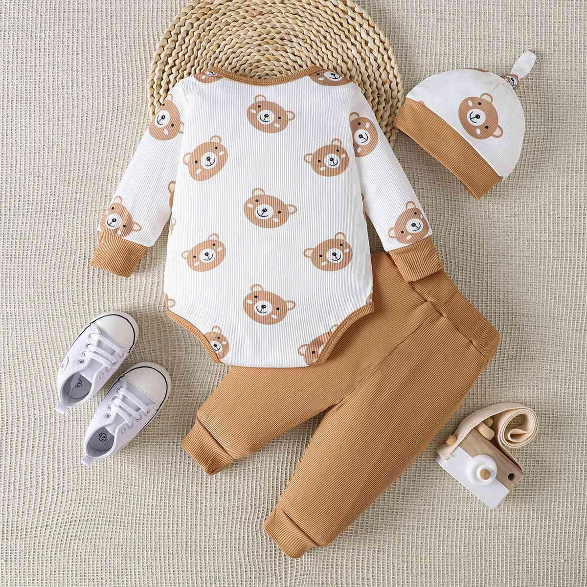 Bear Print Bodysuit and Joggers Set - Browngold Fashion
