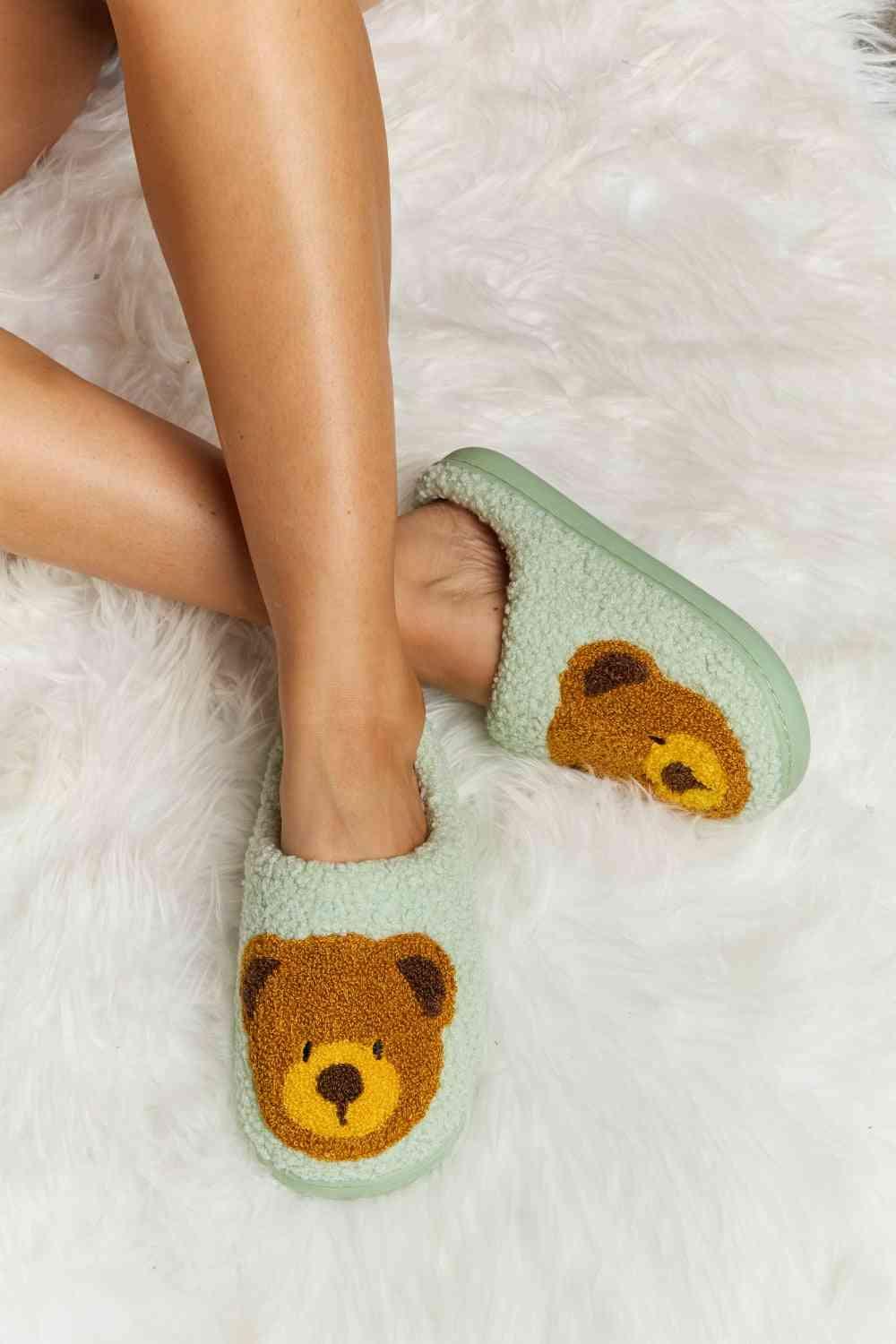 Melody Teddy Bear Print Plush Slide Slippers - Browngold Fashion