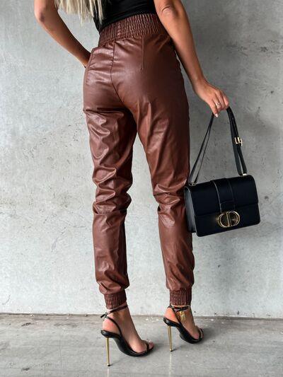 Smocked High Waist Pants with Pockets - Browngold Fashion