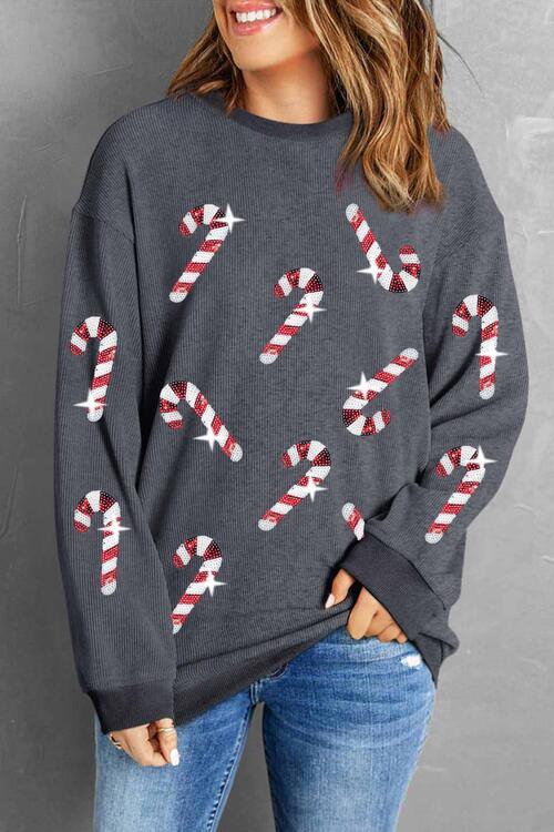 Sequin Candy Cane Round Neck Sweatshirt - Browngold Fashion