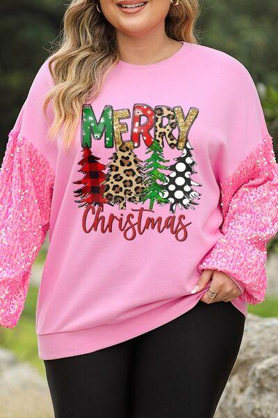 Plus Size MERRY CHRISTMAS Sequin Round Neck Sweatshirt - Browngold Fashion