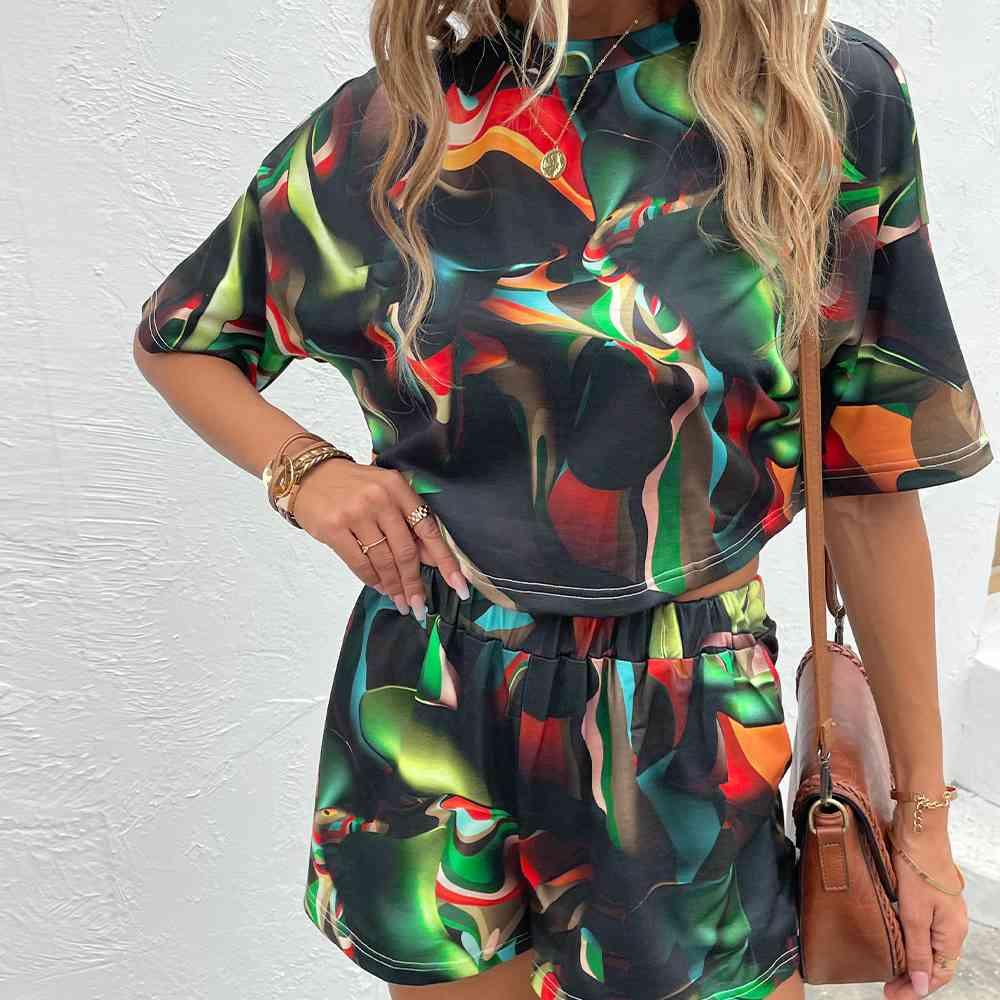 Printed Round Neck Dropped Shoulder Half Sleeve Top and Shorts Set - Browngold Fashion