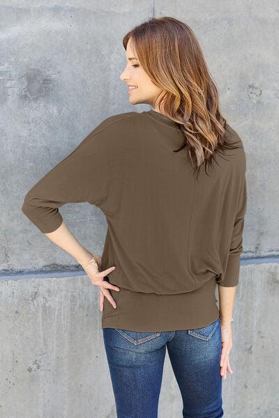 Basic Bae Full Size Round Neck Batwing Sleeve Blouse - Browngold Fashion