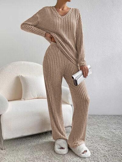 Ribbed V-Neck Long Sleeve Top and Pants Set - Browngold Fashion