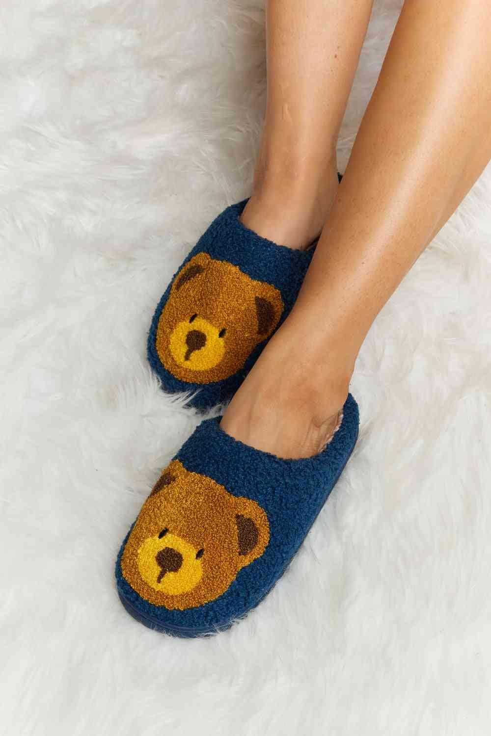 Melody Teddy Bear Print Plush Slide Slippers - Browngold Fashion