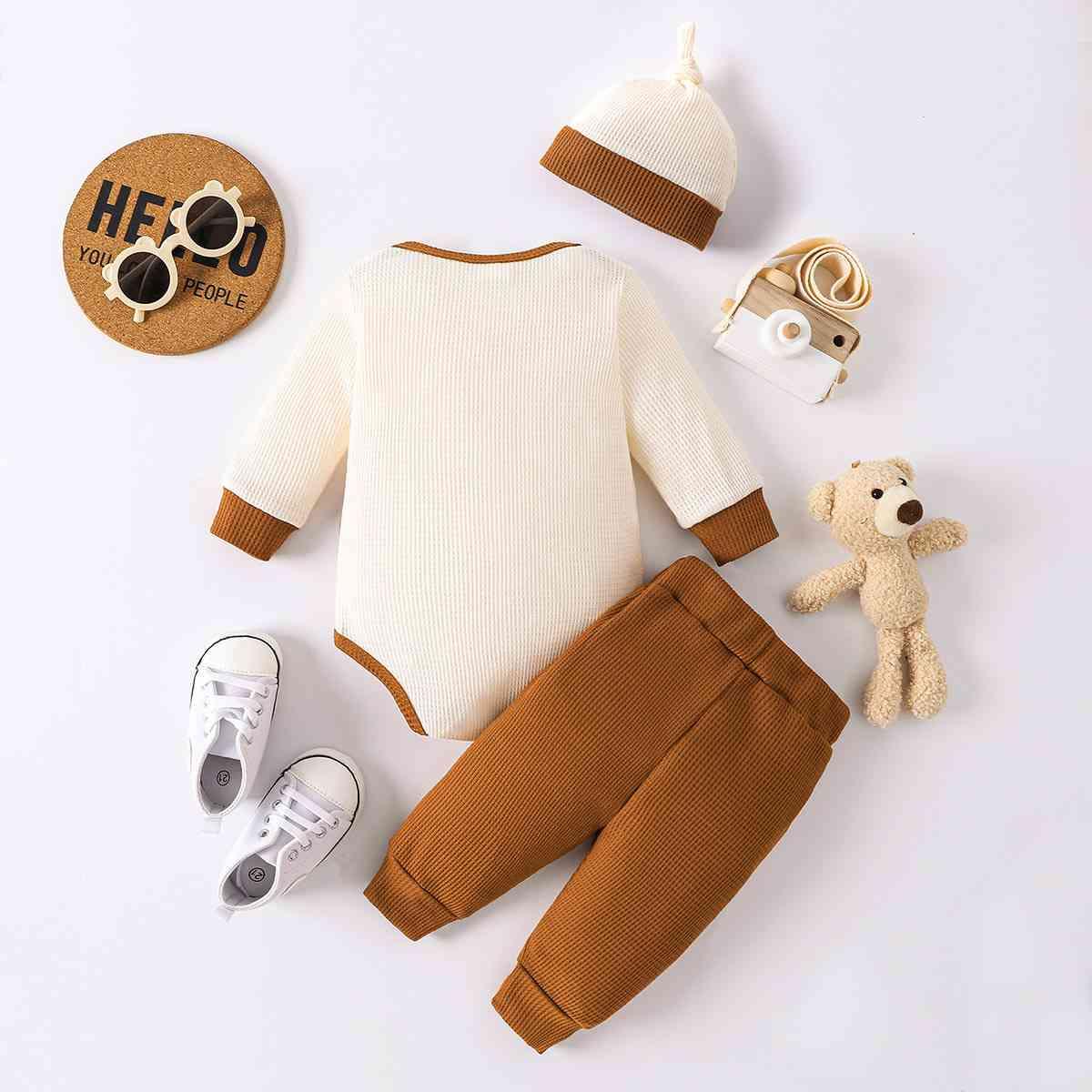 Bear Round Neck Bodysuit and Joggers Set - Browngold Fashion