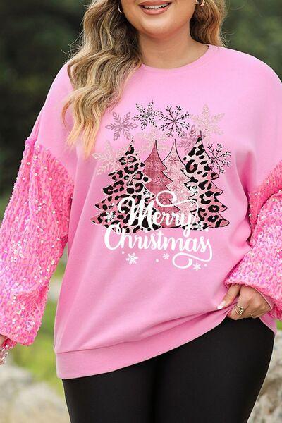 Plus Size MERRY CHRISTMAS Sequin Long Sleeve Sweatshirt - Browngold Fashion