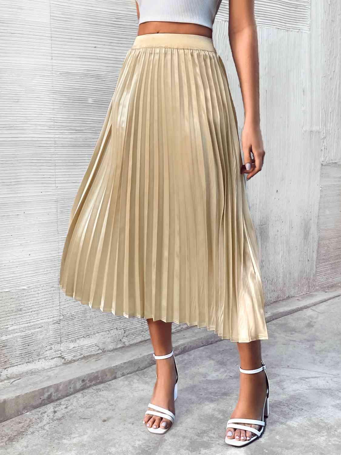 Pleated Midi Skirt - Browngold Fashion