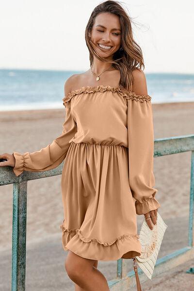 Frill Off-Shoulder Flounce Sleeve Dress - Browngold Fashion