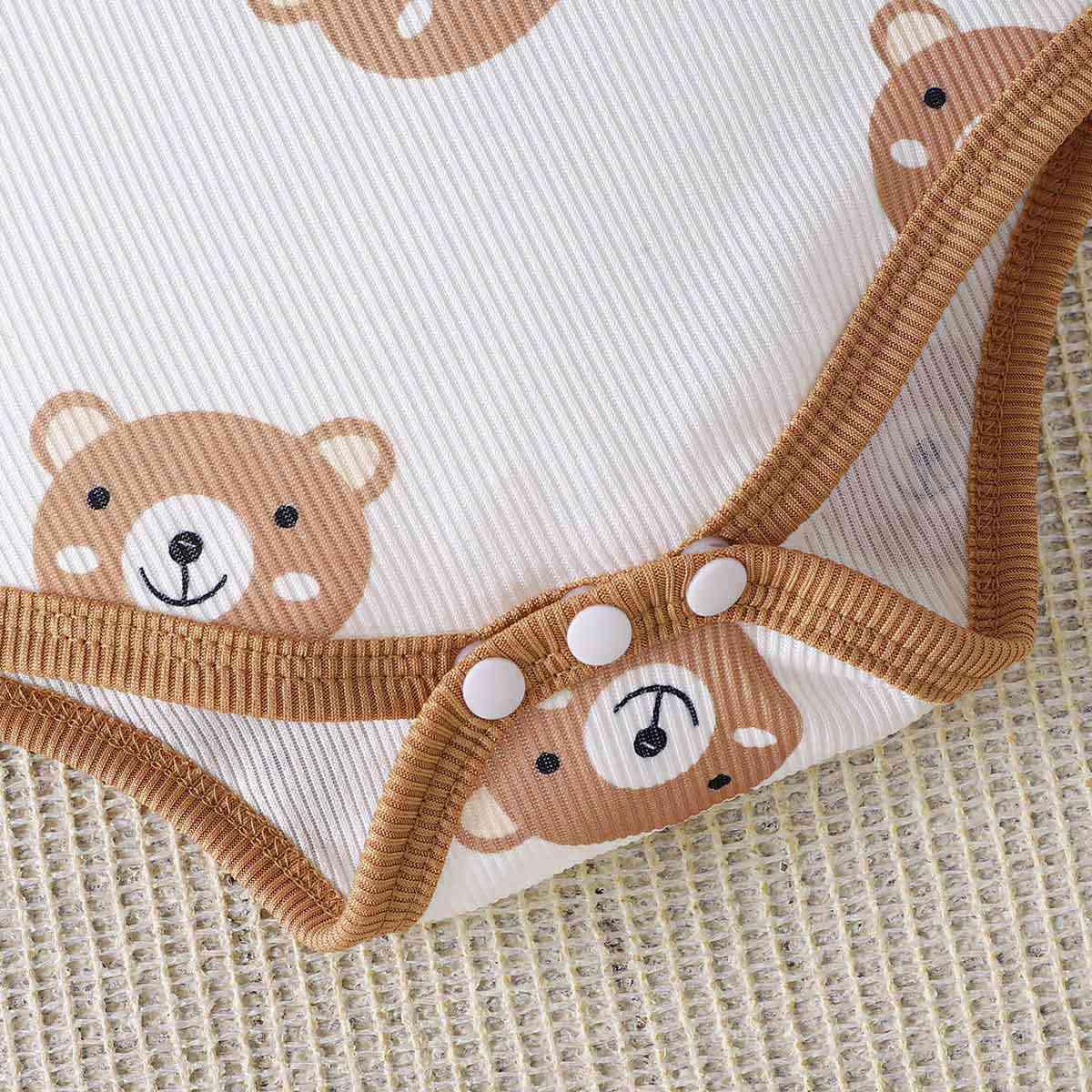 Bear Print Bodysuit and Joggers Set - Browngold Fashion
