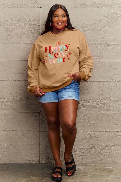 Simply Love Full Size HAPPY NEW YEAR Round Neck Sweatshirt - Browngold Fashion