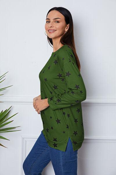 Star Print Round Neck Dropped Shoulder Sweatshirt - Browngold Fashion