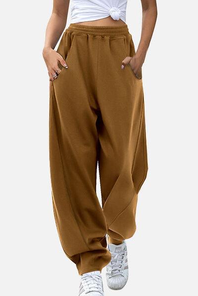 Elastic Waist Sweatpants with Pockets - Browngold Fashion