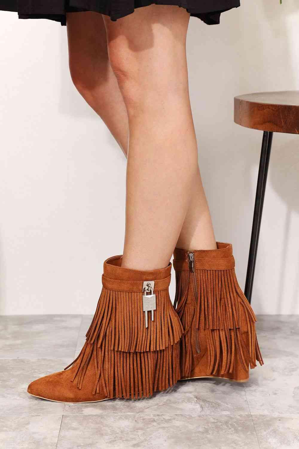 Legend Women's Tassel Wedge Heel Ankle Booties - Browngold Fashion