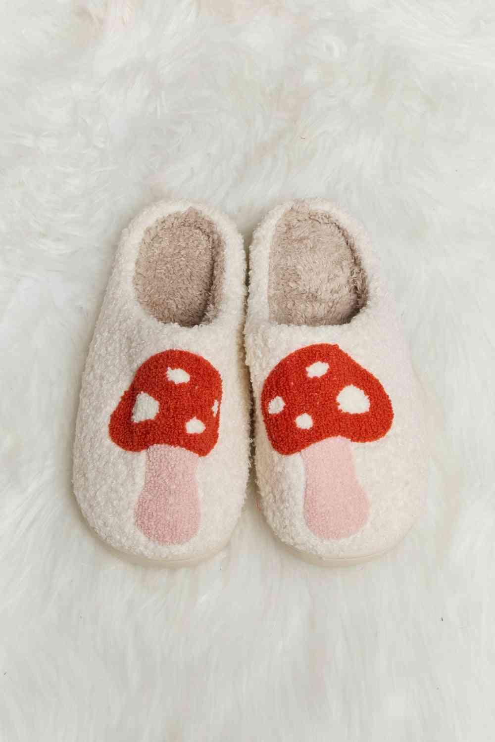 Melody Mushroom Print Plush Slide Slippers - Browngold Fashion