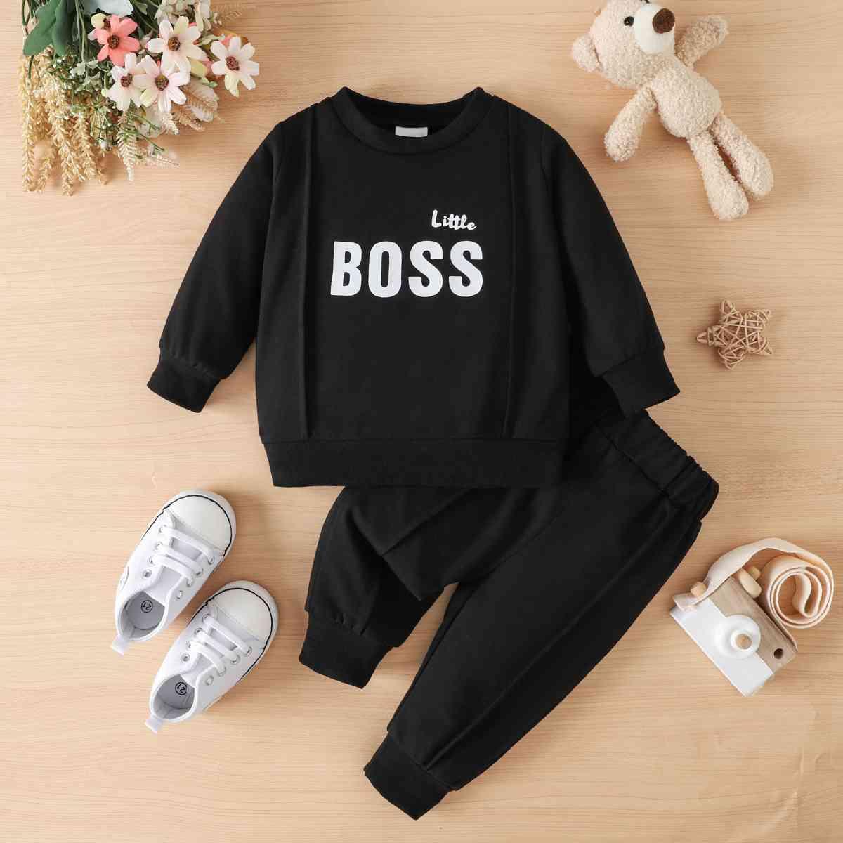 LITTLE BOSS Round Neck Long Sleeve Tee and Pants Set - Browngold Fashion