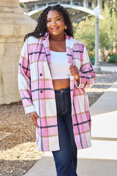 Double Take Full Size Plaid Button Up Lapel Collar Coat - Browngold Fashion