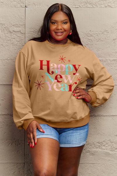 Simply Love Full Size HAPPY NEW YEAR Round Neck Sweatshirt - Browngold Fashion