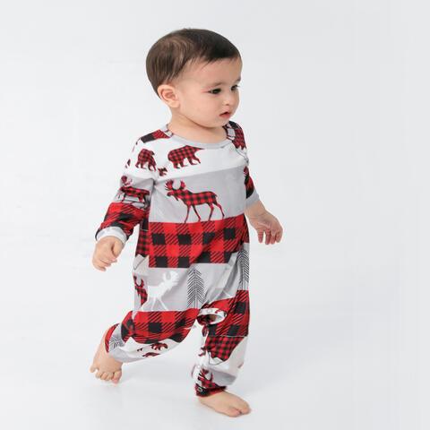 Baby Reindeer & Plaid Round Neck Jumpsuit - Browngold Fashion