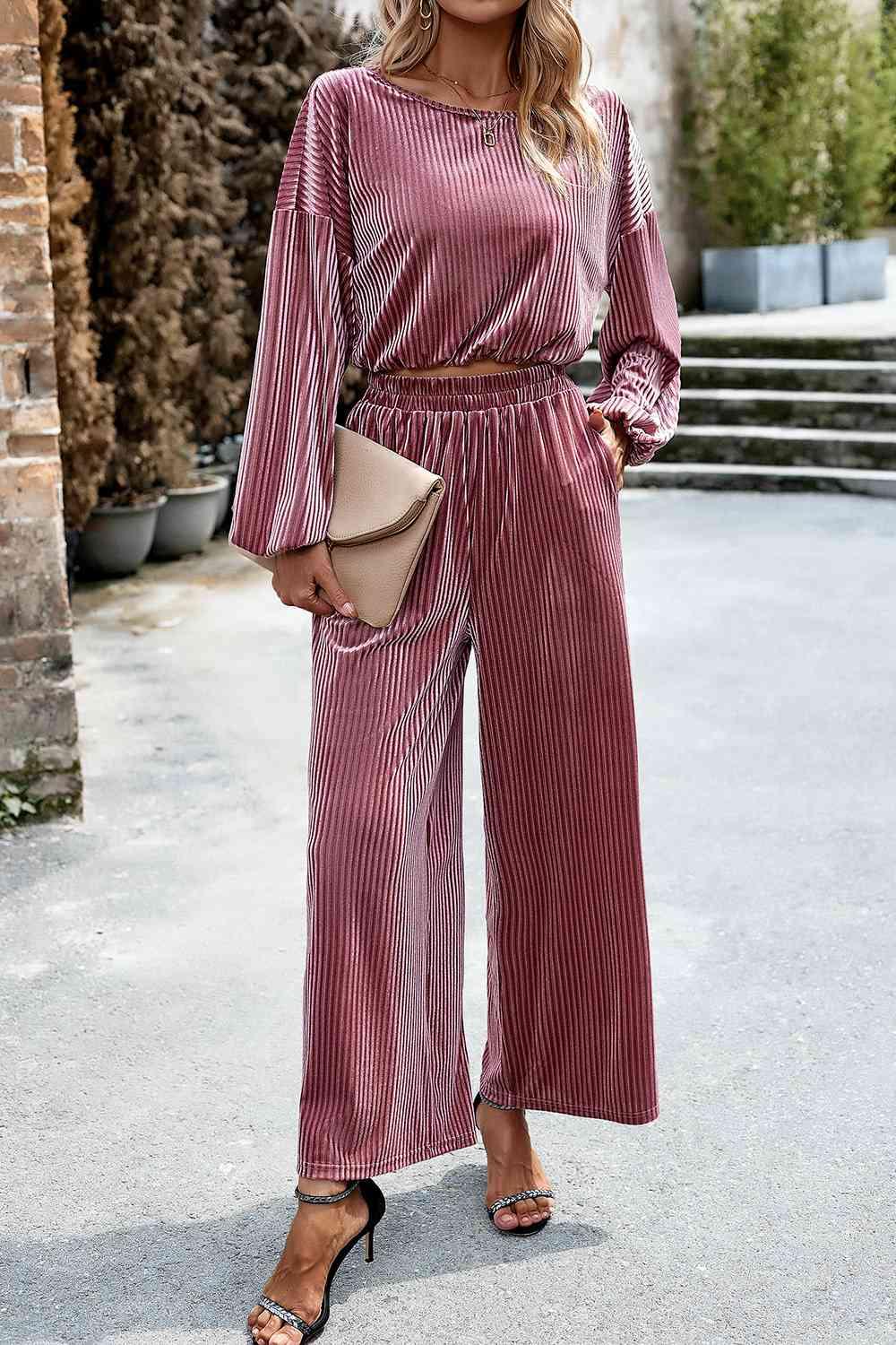 Round Neck Dropped Shoulder Top and Elastic Waist Pants Set - Browngold Fashion