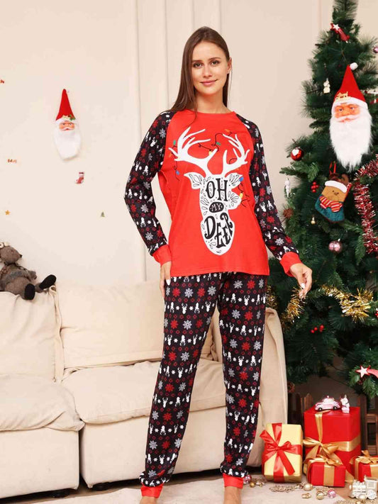 Full Size Reindeer Graphic Top and Pants Set - Browngold Fashion