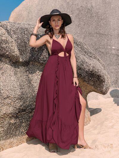 Crisscross Back Drawstring Ruffle Trim Maxi Dress - Browngold Fashion