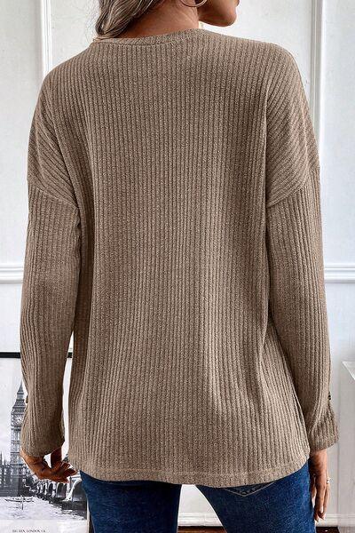 Ribbed Half Button Long Sleeve Knit Top - Browngold Fashion