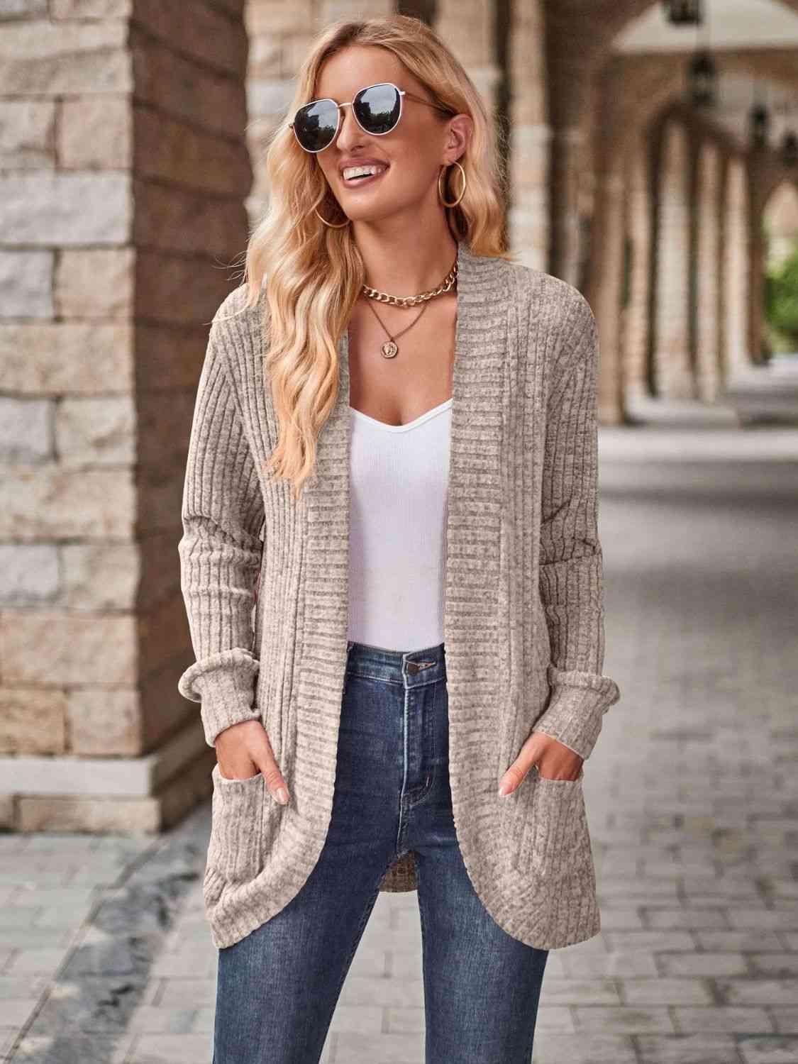 Open Front Cardigan with Pockets - Browngold Fashion