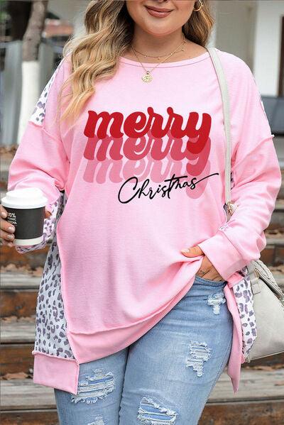 Plus Size MERRY CHRISTMAS Leopard Round Neck Sweatshirt - Browngold Fashion