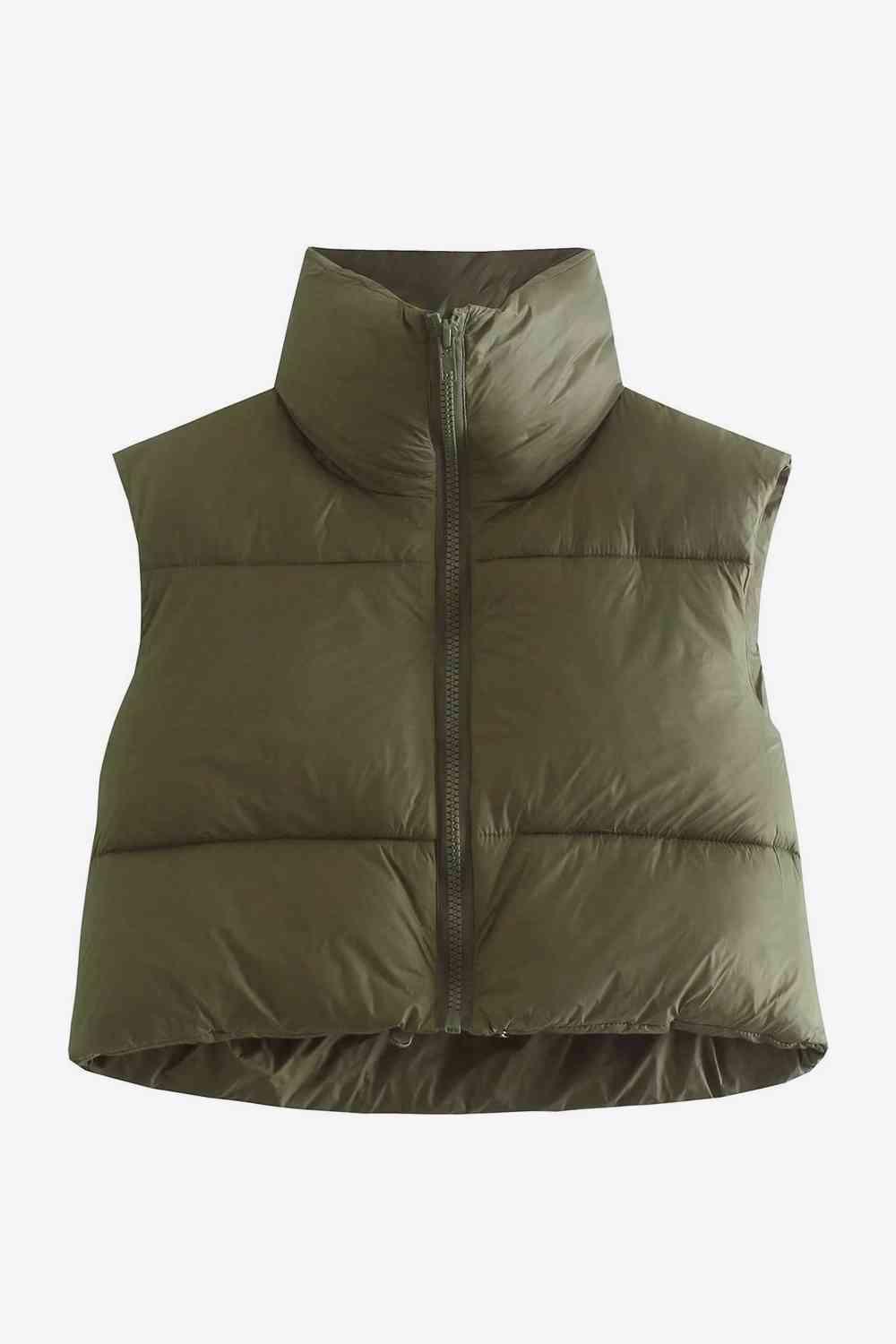 Zip-Up Drawstring Puffer Vest - Browngold Fashion