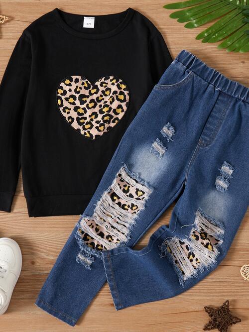 Leopard Heart Graphic Top and Pants Set - Browngold Fashion