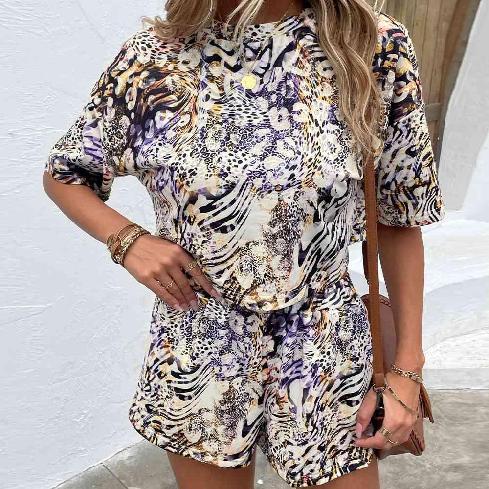 Printed Round Neck Dropped Shoulder Half Sleeve Top and Shorts Set - Browngold Fashion