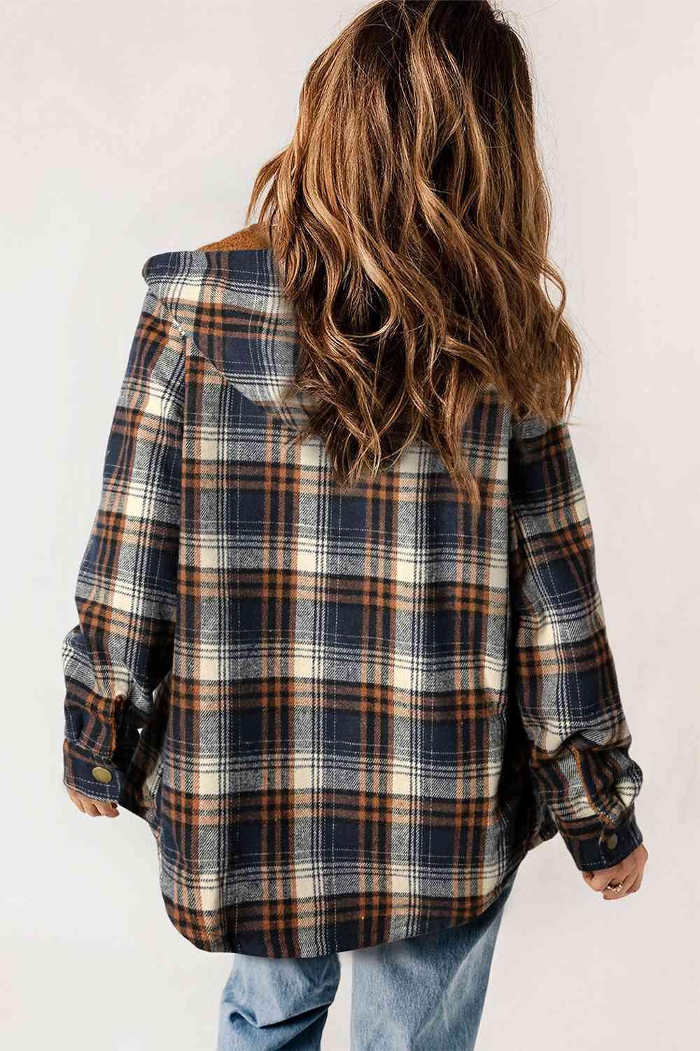 Plaid Snap Down Hooded Jacket - Browngold Fashion