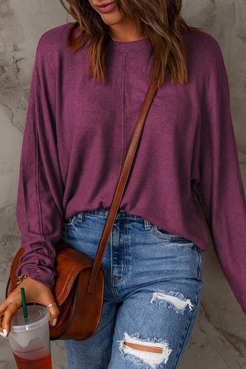 Seam Detail Round Neck Long Sleeve Top - Browngold Fashion