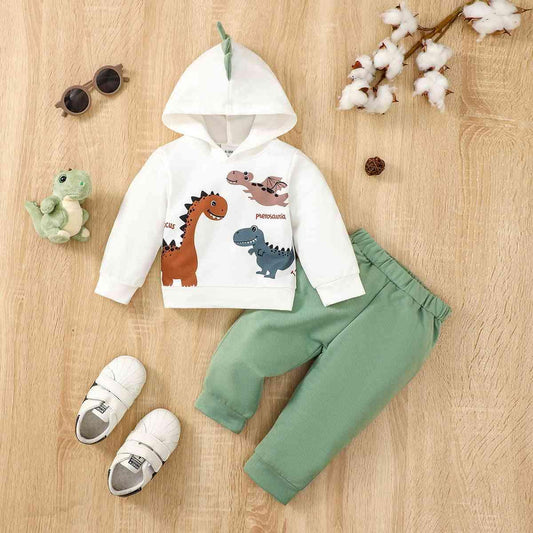 Dinosaur Graphic Hoodie and Pants Set - Browngold Fashion