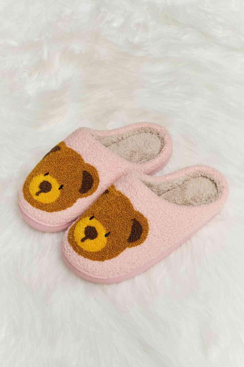 Melody Teddy Bear Print Plush Slide Slippers - Browngold Fashion