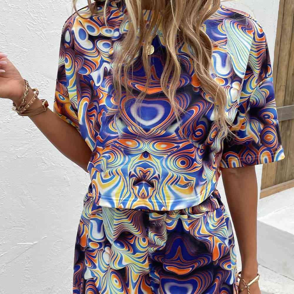 Printed Round Neck Dropped Shoulder Half Sleeve Top and Shorts Set - Browngold Fashion