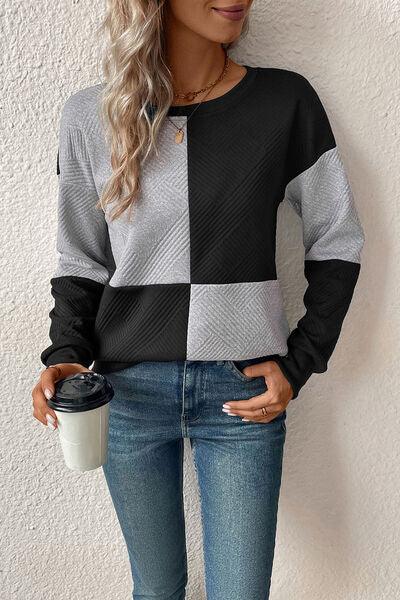 Textured Color Block Round Neck Sweatshirt - Browngold Fashion