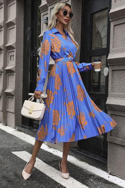 Floral Pleated Surplice Long Sleeve Midi Dress - Browngold Fashion