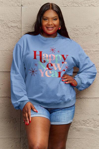 Simply Love Full Size HAPPY NEW YEAR Round Neck Sweatshirt - Browngold Fashion