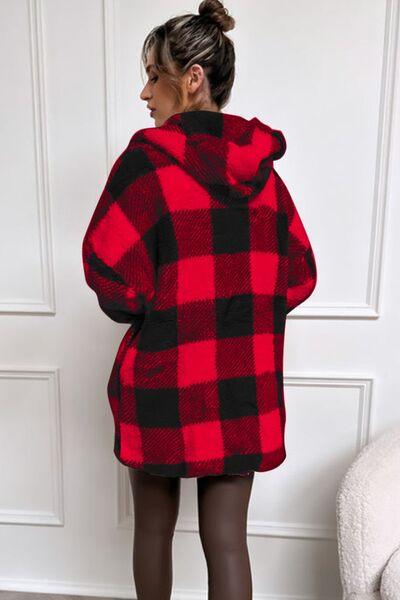 Double Take Full Size Plaid Long Sleeve Hooded Coat - Browngold Fashion