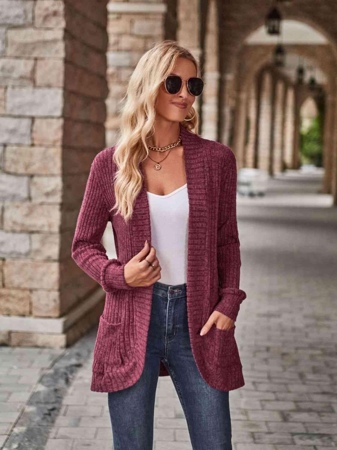 Open Front Cardigan with Pockets - Browngold Fashion