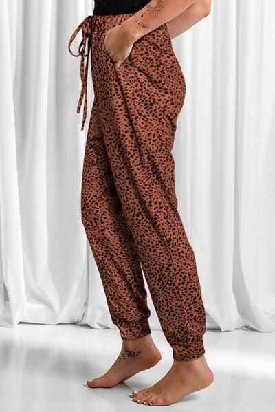 Full Size Leopard Drawstring Pocketed Pants - Browngold Fashion