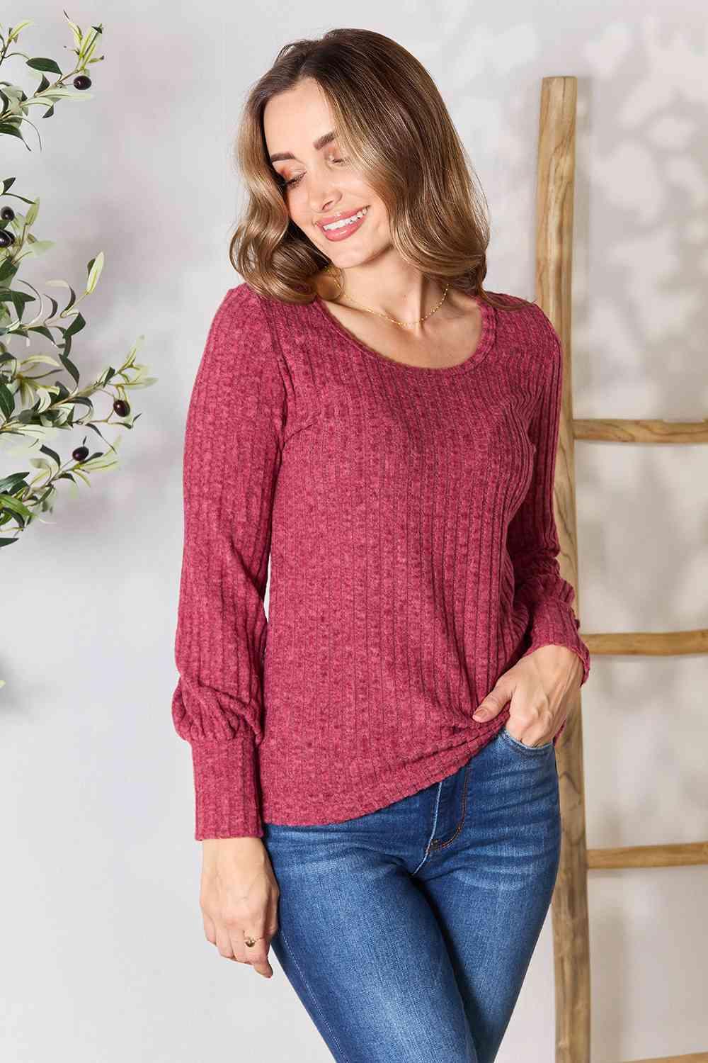 Double Take Ribbed Round Neck Lantern Sleeve Blouse - Browngold Fashion