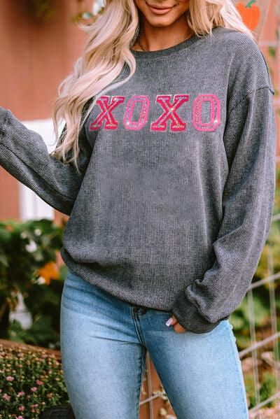 XOXO Round Neck Dropped Shoulder Sweatshirt - Browngold Fashion