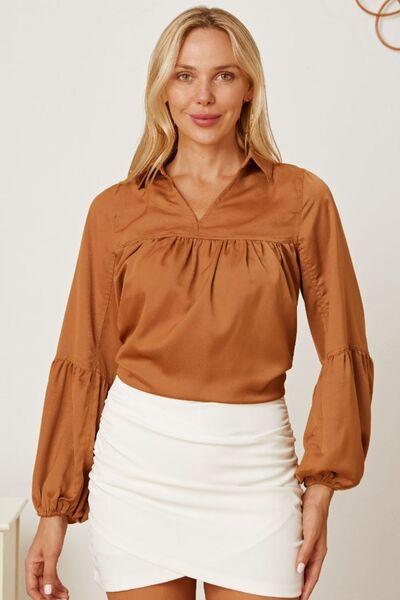 Balloon Sleeve Collared Neck Blouse - Browngold Fashion